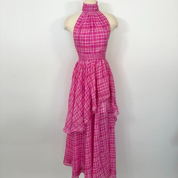 Aje Bungalow Sienna Dress Pink Gingham Halter Neck Maxi Gown US 4 - Picture 2 of 16